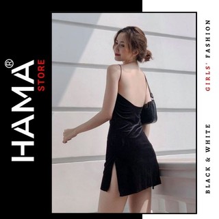 ĐẦM NHUNG 2 DÂY HAMA STORE H33 - CỔ ĐỔ XẺ ĐÙI ÔM BODY CÓ MÚT NGỰC