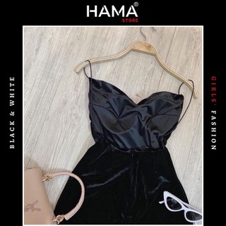 ĐẦM NHUNG 2 DÂY HAMA STORE H33 - CỔ ĐỔ XẺ ĐÙI ÔM BODY CÓ MÚT NGỰC