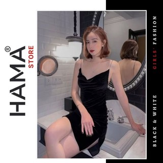 ĐẦM NHUNG 2 DÂY HAMA STORE H33 - CỔ ĐỔ XẺ ĐÙI ÔM BODY CÓ MÚT NGỰC