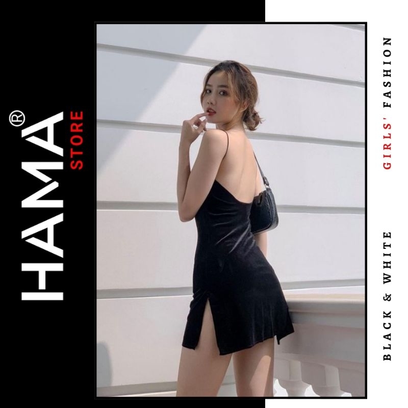 ĐẦM NHUNG 2 DÂY HAMA STORE H33 - CỔ ĐỔ XẺ ĐÙI ÔM BODY CÓ MÚT NGỰC