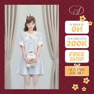 Váy Đầm BabyDoll Thiết Kế Nữ Tay Ngắn Dáng Xòe Kẻ Sọc Xanh In Nơ Phối Cổ Thủy Thủ Trắng Tiểu Thư Soleil - Chiko Dress