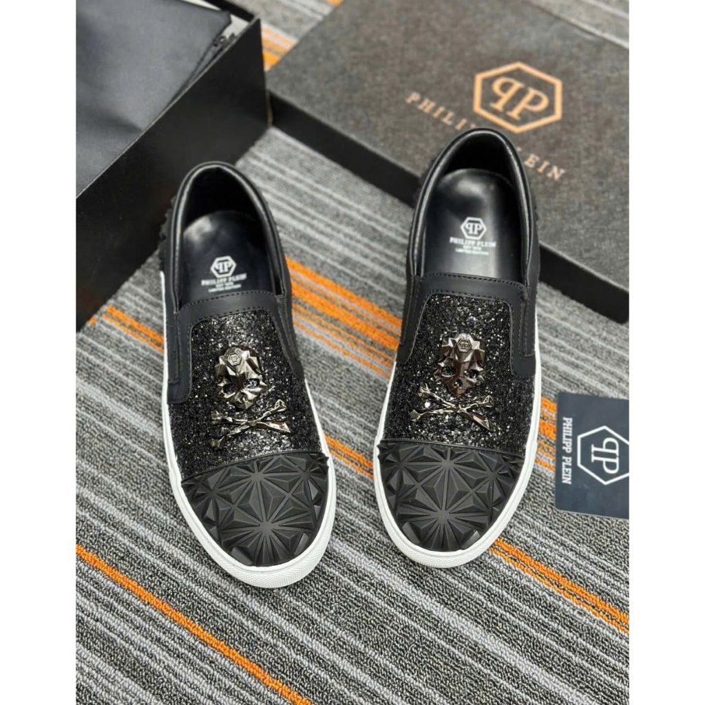 Giày Lười PP Nam Phối Hoạ Tiết Đinh Cực Chất - Giày Slipton Nam PP Full Mẫu Full BoX) Lùi 1SIZE