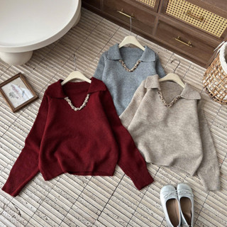  Áo Len Cổ V đính KIM SA cổ bẻ form vừa hàng QC siêu xinh-3 màu Đỏ,Be,Xám-Dành cho Nữ 