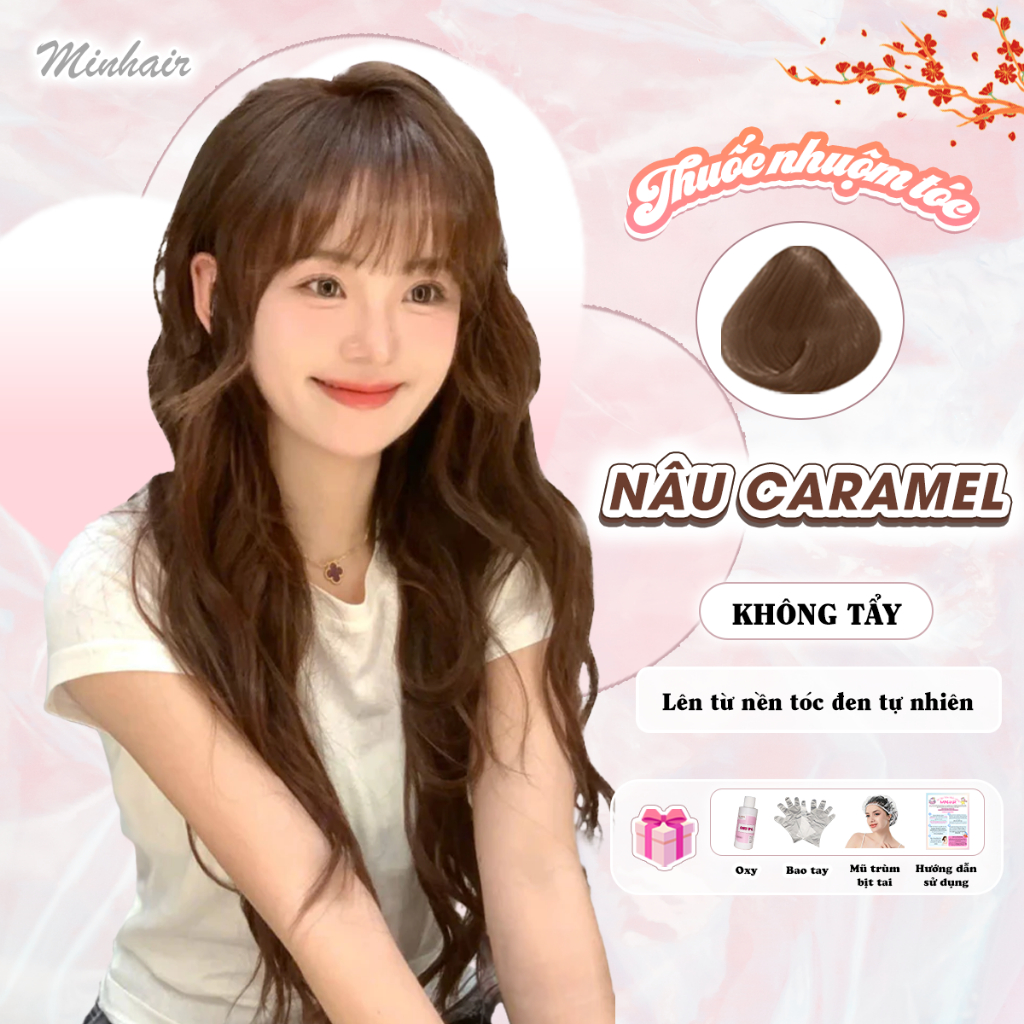 Thuốc nhuộm tóc màu Nâu Caramel, Không tẩy, Kèm Oxy Trợ Nhuộm, Trùm Tóc, Bịt Tai và Bao Tay MIN.HAIR