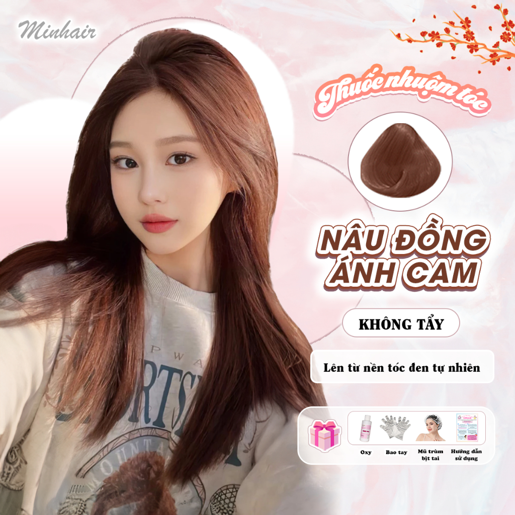 Thuốc nhuộm tóc Nâu, màu Nâu Đồng Ánh Cam,Kèm Oxy Trợ Nhuộm, Trùm Tóc, Bịt Tai và Bao Tay MIN.HAIR
