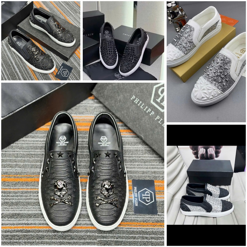 Giày Slipon Philip Full Bộ - Giày Lười PhiLip Kim Tuyến Đinh Vít Đá xuyên Da (Full Box) Lùi 1SIZE