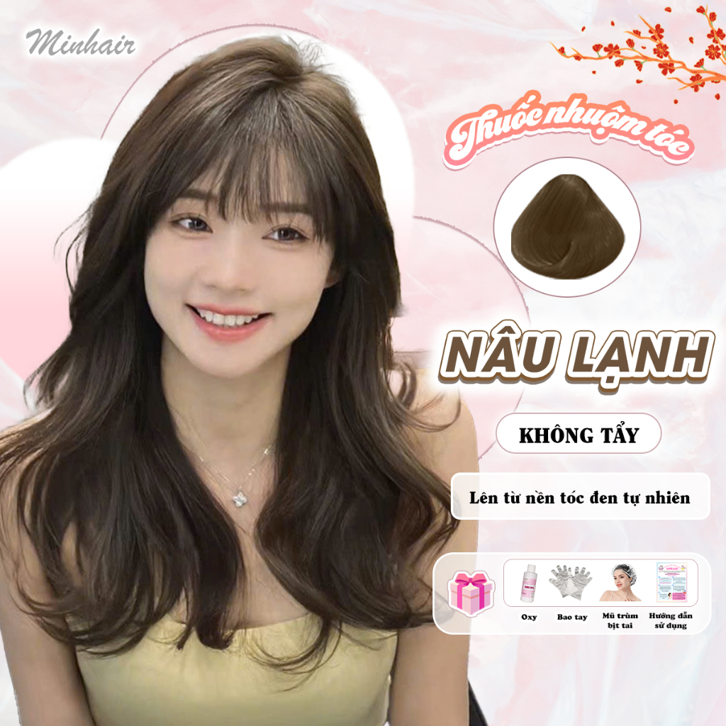 Thuốc nhuộm tóc nâu, thuốc nhuộm tóc Nâu Lạnh không cần tẩy tặng kèm oxy trợ dưỡng, bao tay, Minhair