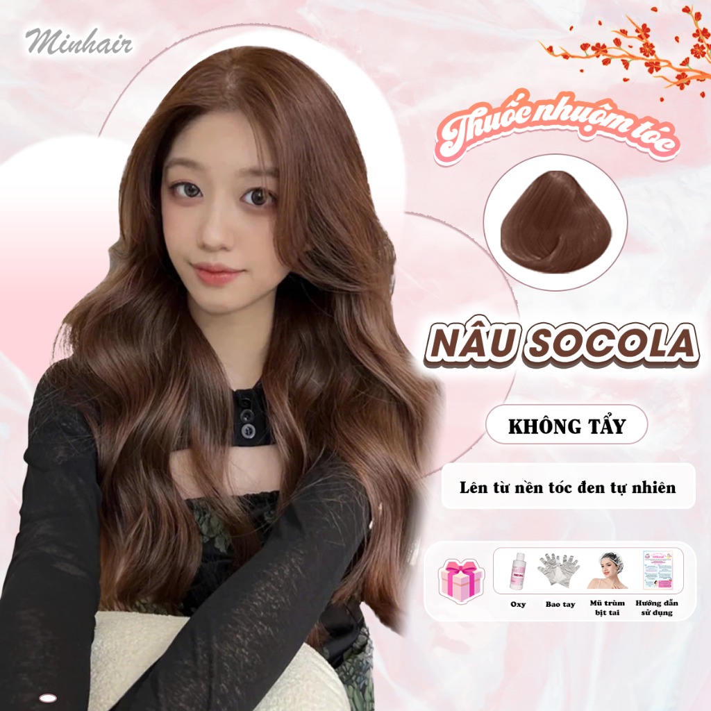 Thuốc nhuộm tóc màu Nâu Socola, Không Tẩy, Kèm Oxy Trợ Nhuộm, Trùm Tóc, Bịt Tai và Bao Tay MIN.HAIR