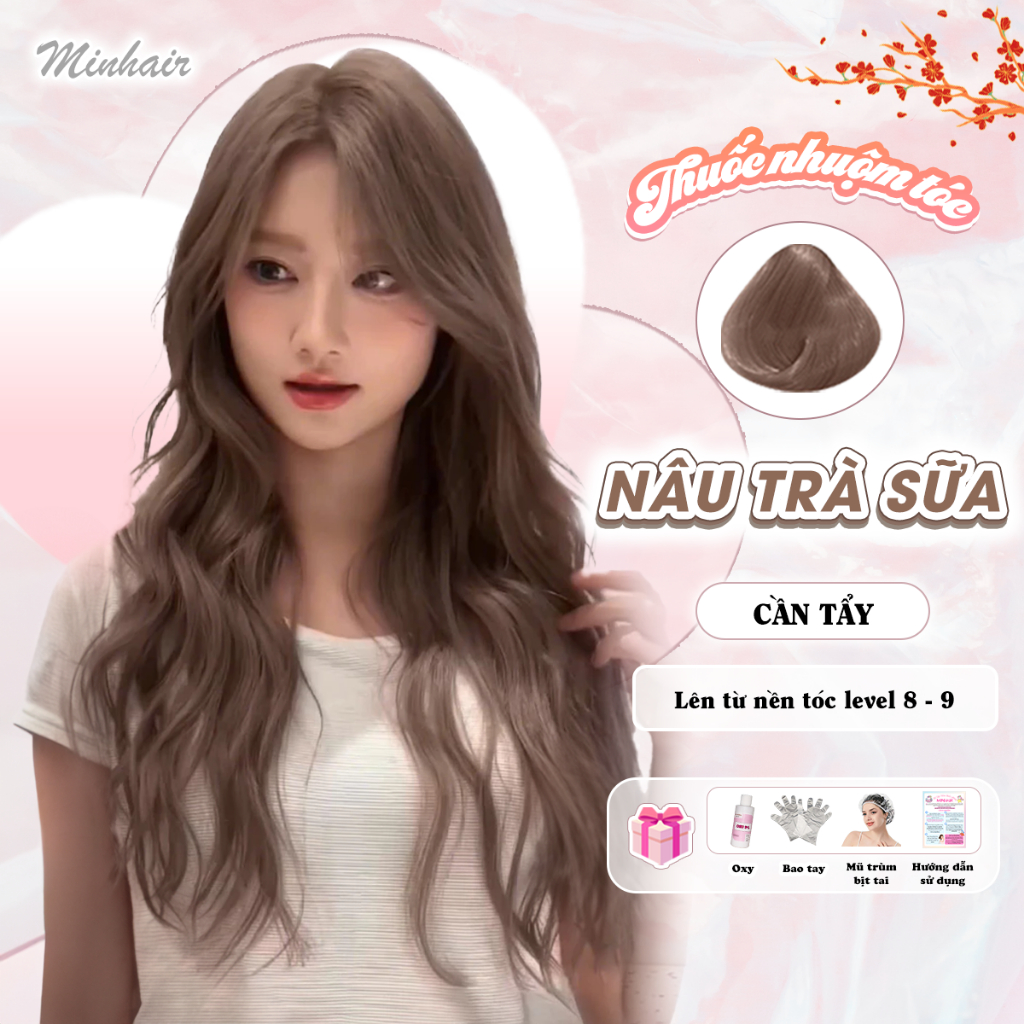 Thuốc nhuộm tóc, thuốc nhuộm tóc Trà Sữa MIN.HAIR, tặng kèm oxy trợ dưỡng và bao tay