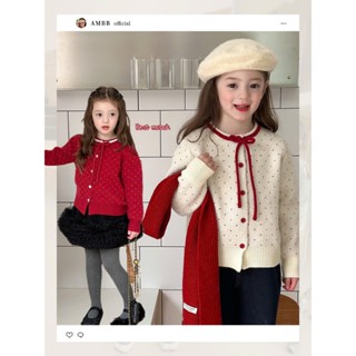 Áo Khoác Cardigan Len Tết Chấm Bi Đỏ Trắng Bé Gái Ambb Kids - Áo Len Cao Cấp Cho Bé Gái Từ 2-10 Tuổi