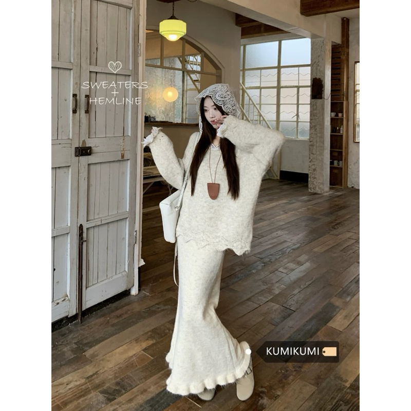 Set váy len phối mũ ren dáng rộng màu kem Quảng Châu 2025 Aline Store