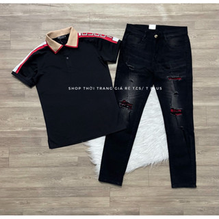 Bộ Đồ Áo Thun Ngắn Tay Màu Đen Tay Phối Trắng Đỏ 042 Kèm Quần Jeans Màu Đen Mã 62 Size 45-75kg Dành Cho Nam
