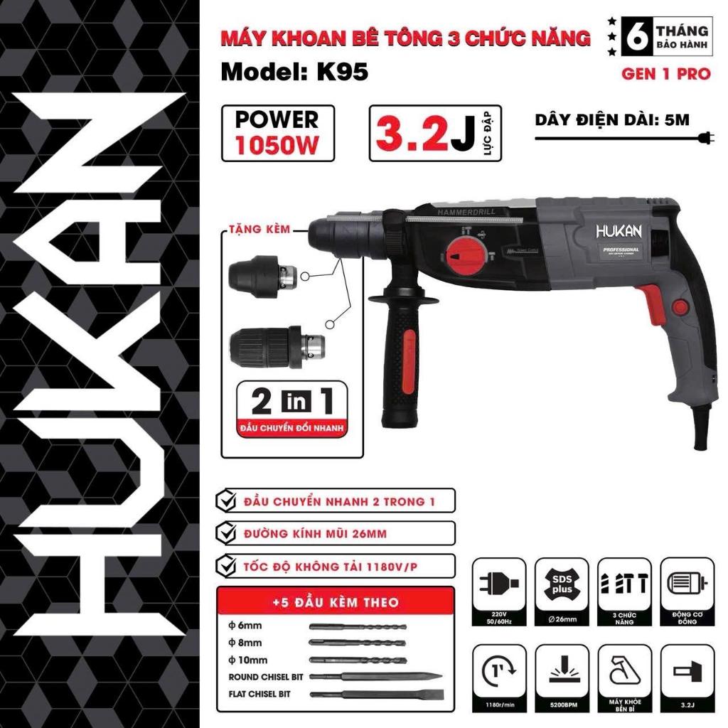 Máy khoan đục bê tông Hukan K95 - 3 chức năng, đầu chuyển đổi nhanh SDS Plus, công suất mạnh mẽ