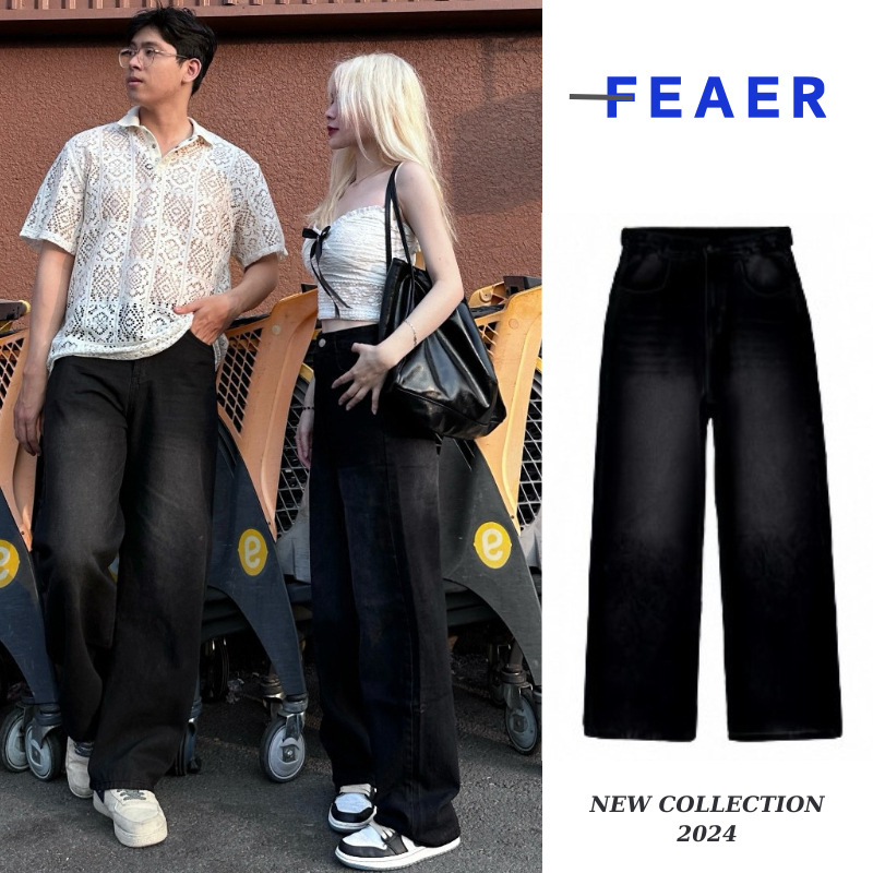 Quần Jeans Dài Ống Suông Rộng Wash RETRO FEAER STORE,Quần Jean Nam Cạp Cao Tôn Dáng Nam Nữ Unisex  FE1098