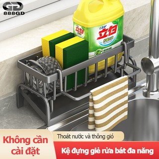 Kệ đựng đồ rửa chén bát 888GD giá để giẻ rửa chén trên bồn có khay hứng nước treo khăn lau tiện lợi