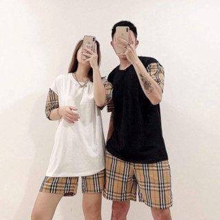   B004  Bộ quần áo cộc nam nữ BBR áo phông phối tay kẻ mix quần đùi kẻ dáng basic 