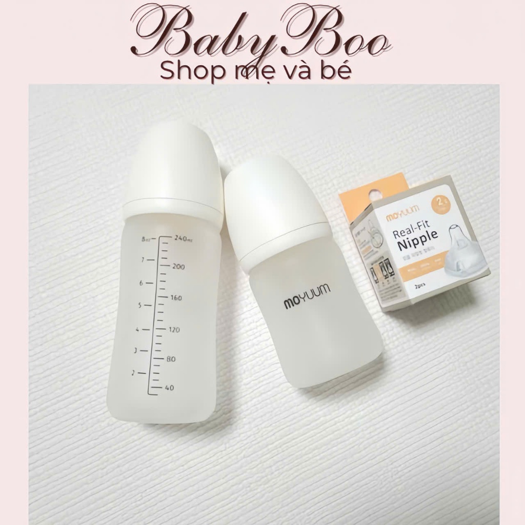 ( Được chọn size núm ) Bình sữa Moyuum thủy tinh bọc silicon 150ml/ 240ml cho bé