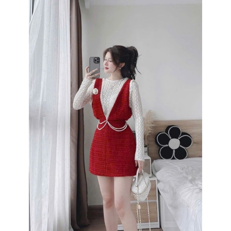 SET YẾM DẠ ĐỎ DÂY NGỌC KÈM ÁO REN ĐÍNH HOA TRÀ - HÀNG QC CAO CẤP