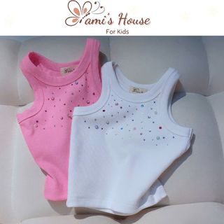  Áo Thun Ba Lỗ Form Dài Cho Bé Gái Áo Thun Ba Lỗ Đính Đá Màu Hồng Trắng Fami's 