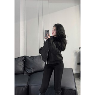 Áo Khoác Bomber Gió  Crop Trần Trám Phối Vai Nỉ Bo Gấu