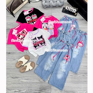 [SET BÉ GÁI] (18-35kg) Bộ áo thun in hình gấu dâu, KUROMI, LABUBU, BABY THREE quần jean cho bé gái