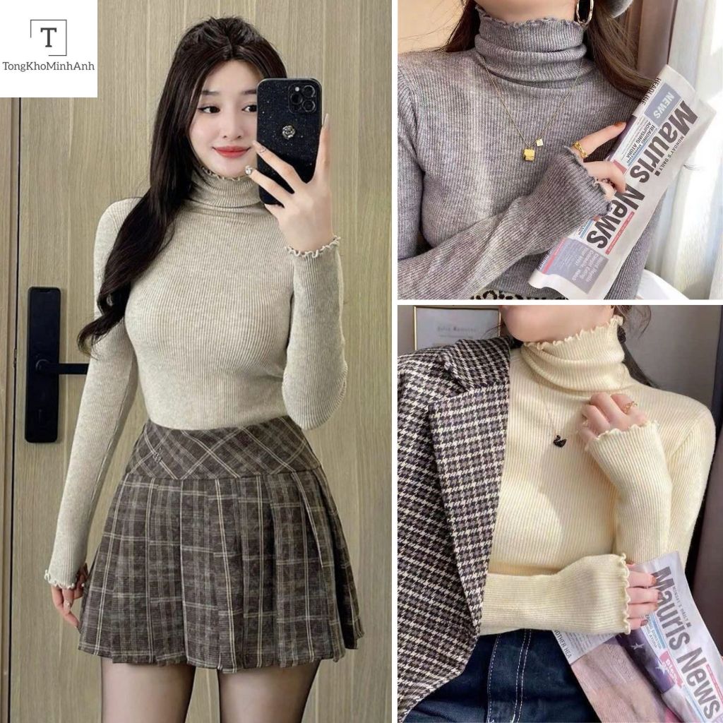  Áo Len Cổ Lọ Áo Len Tăm Siêu Co Giãn Cổ 5p Sóng Viền Bèo Dáng Ôm Body Hàng Qccc Tay Dài Phong Cách Hàn Quốc Matmatshop 