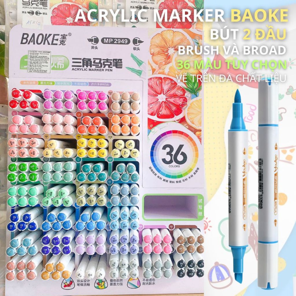 (Cây Lẻ) Màu Acrylic Marker 2 Đầu Baoke 2949 Màu Lẻ Tùy Chọn - Bút  Acrylic Vẽ Đa Chất Liệu
