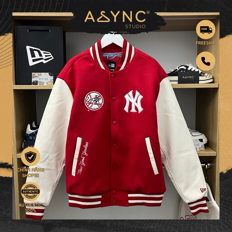 (Auth) Áo Khoác Varsity Bomber Nỉ New Era x MLB NY New York Yankees Tay Da Lót Bông Thêu Đỏ | CODE 1