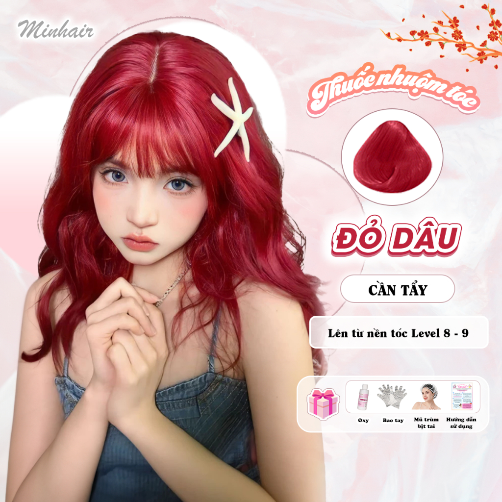Thuốc nhuộm tóc đỏ dâu MIN.HAIR tặng kèm oxy trợ dưỡng và bao tay