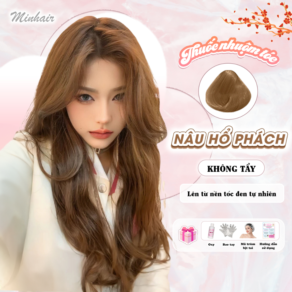 Thuốc nhuộm tóc Nâu, thuốc nhuộm tóc Nâu Hổ Phách tặng kèm oxy trợ dưỡng và bao tay, MIN.HAIR