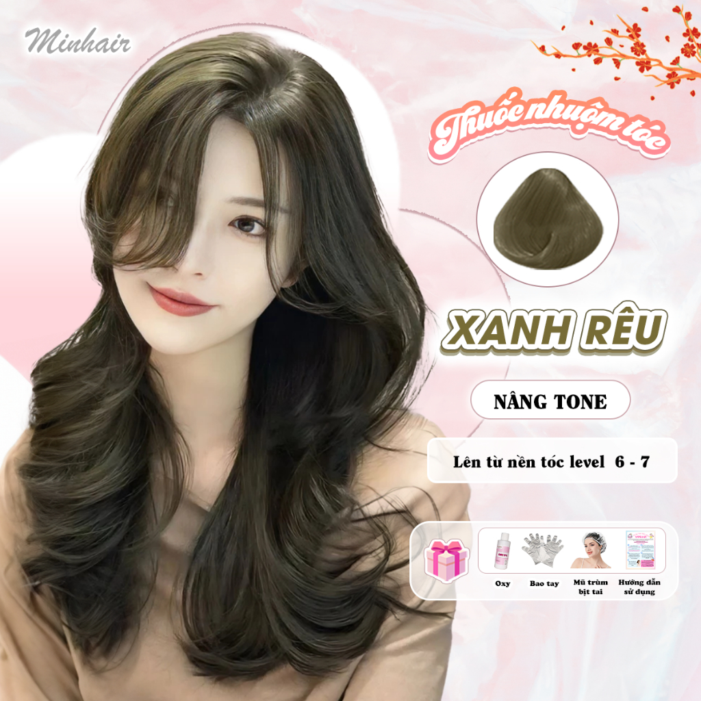 Thuốc nhuộm tóc Xanh, thuốc nhuộm tóc Xanh Rêu tặng kèm oxy trợ dưỡng và bao tay, MIN.HAIR