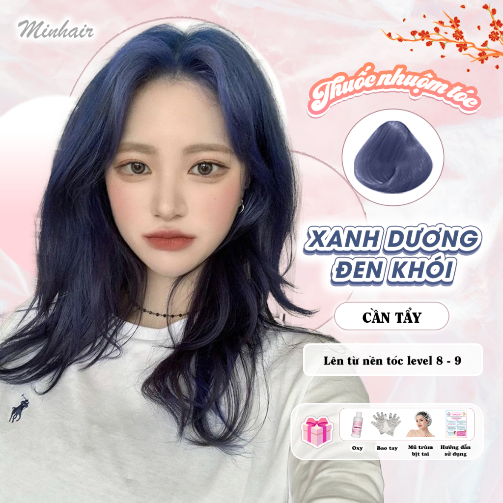 Thuốc nhuộm tóc Xanh, thuốc nhuộm tóc Xanh Dương Đen Khói MIN.HAIR,tặng kèm oxy trợ dưỡng và bao tay