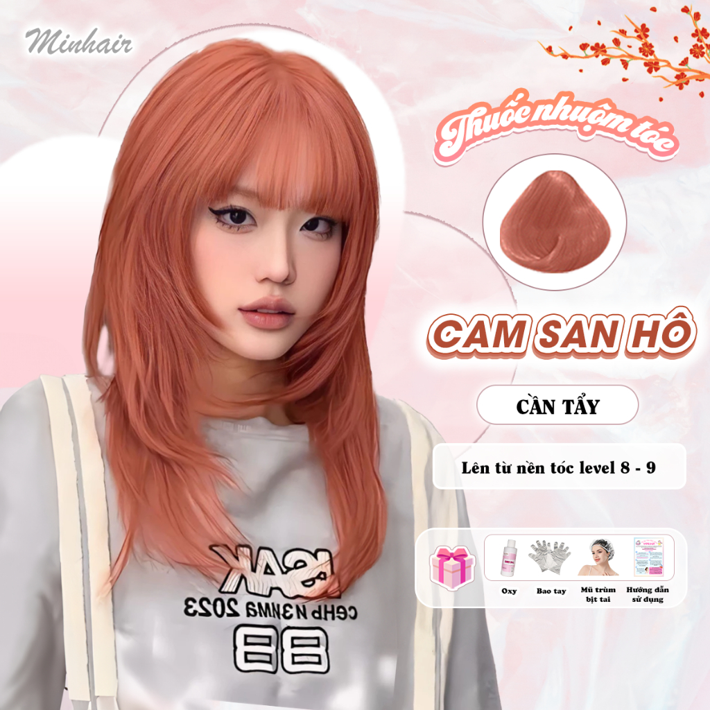 Thuốc nhuộm tóc, Thuốc nhuộm tóc Cam San Hô, MIN.HAIR, tặng kèm oxy trợ dưỡng và bao tay
