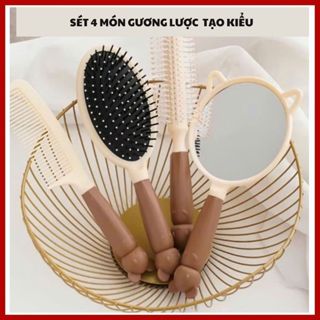 Sét gương lược 4 món siêu xinh - Bộ gương lược 4 món siêu dễ thương, tiện lợi, uốn tạo kiểu tóc