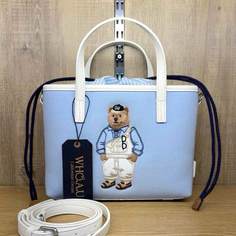 CHÍNH HÃNG - WHOAU BEAR CANVAS TOTE BAG BLUE - Túi xách có quai, đeo chéo, hình gấu, màu xanh biển