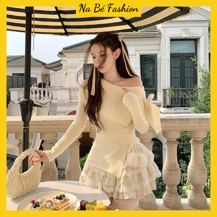  Set váy nữ Áo len trễ vai kèm chân váy nhiều tầng thắt nơ ngang vai phong cách bánh bèo 