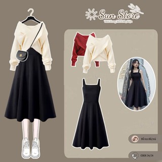 Set váy áo nữ thu đông, Bộ 2 chi tiết áo len nữ vạt chéo dài tay len dày cao cấp và váy 2 dây maxi dày dặn xòe tôn dáng