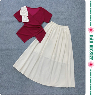 Set tiểu thư bigsize nữ áo cổ tim tay ngắn chất ruby kèm váy dáng dài vải lụa xoa mềm mịn - SET958