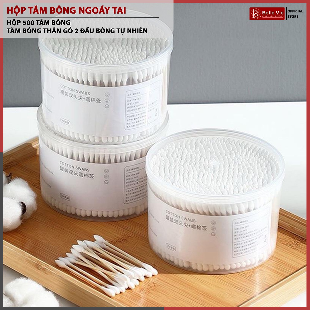 Hộp 500 Tăm Bông Ngoáy Tai Thân Gỗ DLS Tăm Bông Thân Gỗ 2 Đầu Chất Liệu Bông Tự Nhiên An Toàn Lành Tính Tiện Lợi