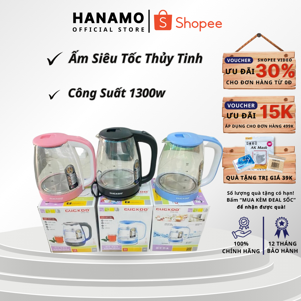Ấm siêu tốc thủy tinh 2.0 L cao cấp công suất 1300w bình siêu tốc trong suốt cường lực đèn led tự ngắt khi sôi