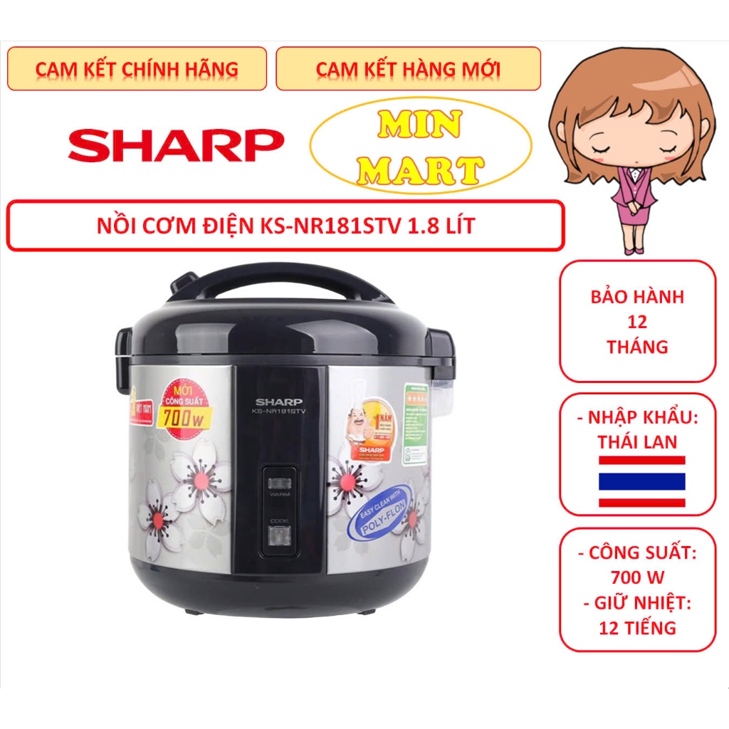 Nồi cơm điện Sharp KS-NR181STV 1.8 lít, công suất 700W, nhập khẩu Thái Lan, chính hãng, bảo hành 12 