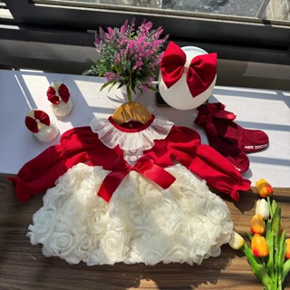  M56-Set Váy Len Đỏ TÙNG HOA  Made By Hằng cho bé 4 -11kg 