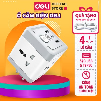 Ổ Cắm Chia Điện DELI Ổ Chia Điện Đa Năng Cổng Sạc USB TypeC Chống Giật An Toàn Công Suất 2500W