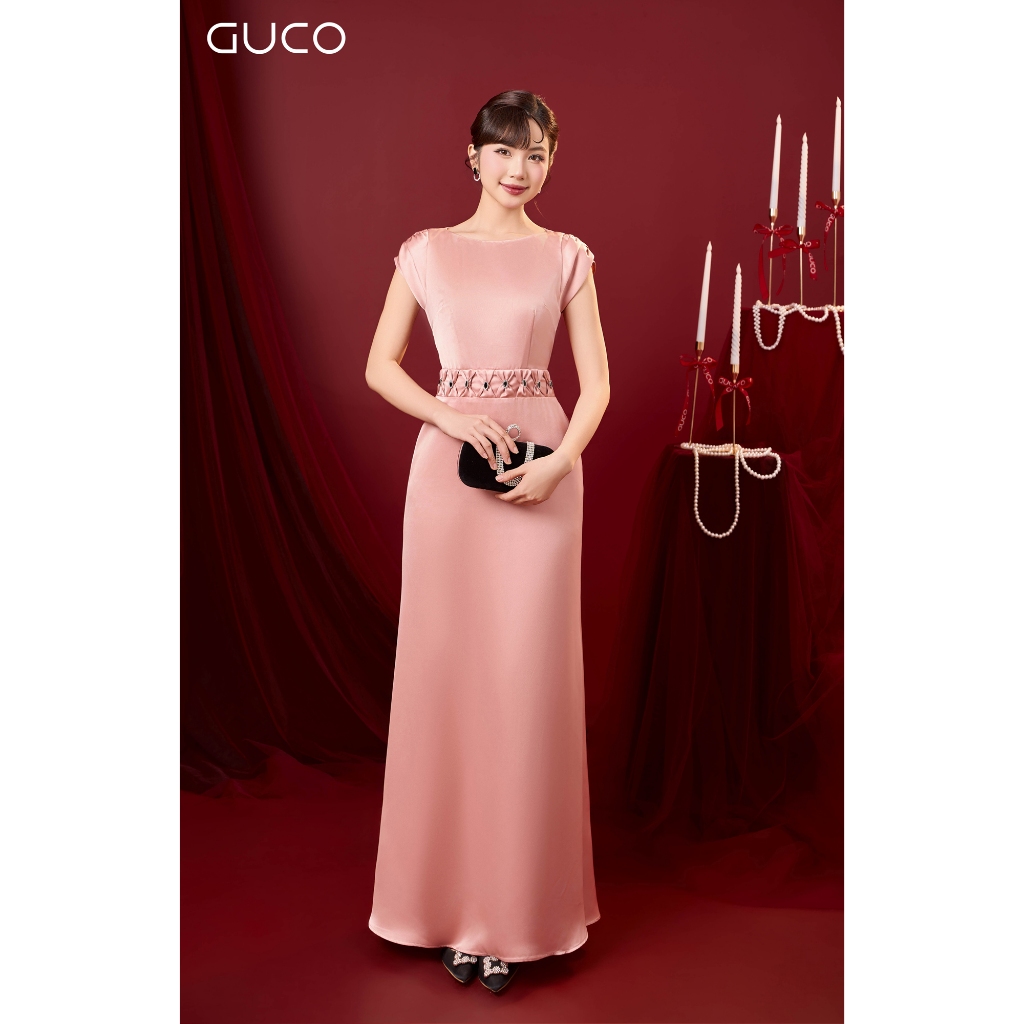 Đầm Dạ Hội Tay Nhún Kết Đá Eo - GUCO - Hồng 4790