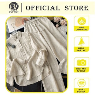 Set bộ Linen gồm áo sơ mi dài tay và quần suông trơn ống rộng nữ có túi basic, sang chảnh