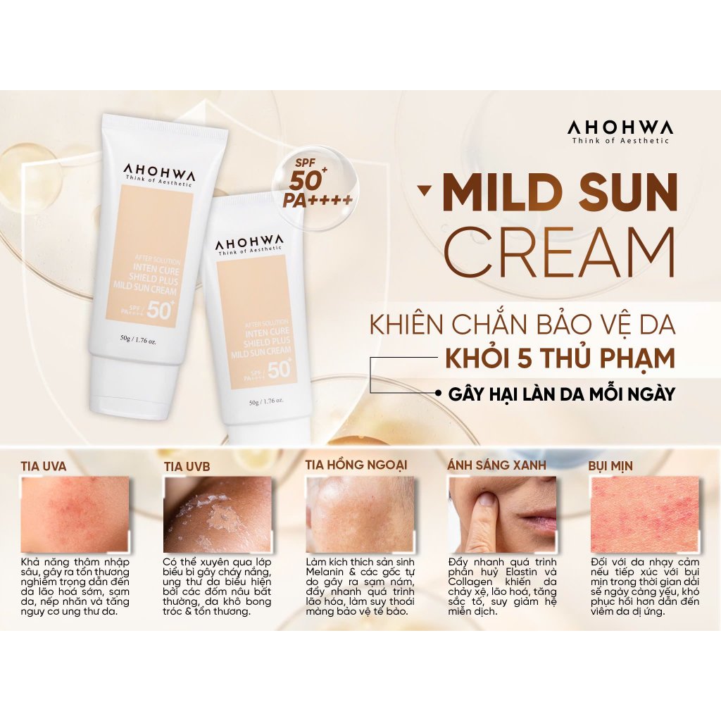 Kem Chống Nắng Vật Lý Mild Sun Cream Ahohwa SPF 50+ / PA++++ 50g - Hiệu Chỉnh Màu Da
