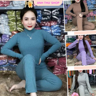 Đồ Bộ Nữ Cổ Lọ Quần Dài Tay Dài Chất Liệu Gân Đũa Lạnh, Đồ Bộ Nữ Ủ Kem Từ 45-80kg, BIGSIZE