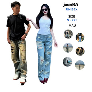 Quần Jeans Ống rộng UNISEX suông Nam Nữ Lưng Cao Cạp Trễ Siêu Rách Chất Ngầu jeanKA