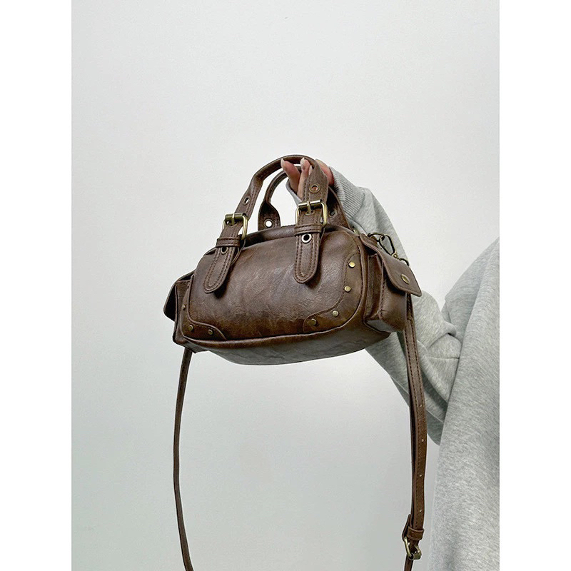 C16 - Túi xách nữ GUSSON Boston New Niche Retro Biker's Hot All-Match giỏ da nữ đeo chéo nâu retro v