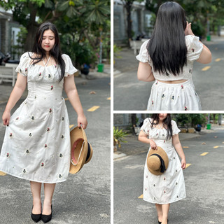 Đầm váy hở lưng tay ngắn cổ xếp ly dáng dài thêu hoa nhỏ xinh xắn